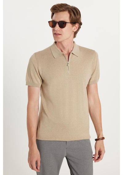 Tudors Erkek Slim Fit Dar Kesim Pamuklu Örme Triko Fermuarlı Vizon Polo Yaka Tişört-35602 Vizon