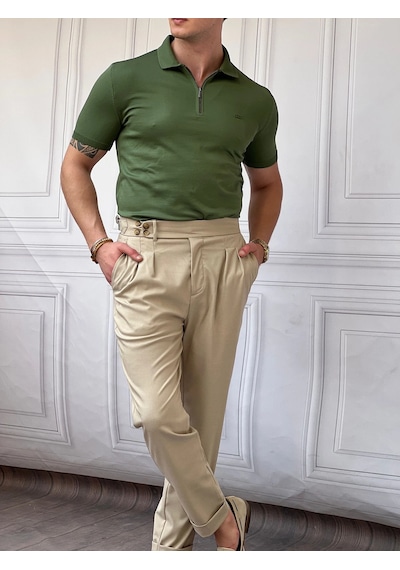 Modefendi Yüksek Kalite Polo Yaka Fermuarlı Tshirt Haki