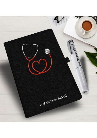 Kişiye Özel Doktor Temalı İsme Özel Defter ve Işık Kalemi Siyah