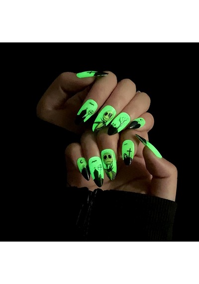 Halloween Korku Maskeli Özel Tasarım Uzun Düz Takma Tırnak Seti 24 Adet - Yeşil