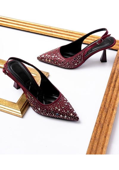 V.s.h Velvet Kadın Abiye Taş Detaylı Kumaş Sivri Burun Arka Açık 7cm Topuklu-2238 Bordo