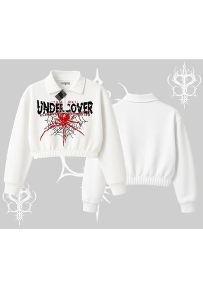 Startmore Beyaz Crop Yarım Fermuarlı Sweatshirt Spider Undercover Beyaz