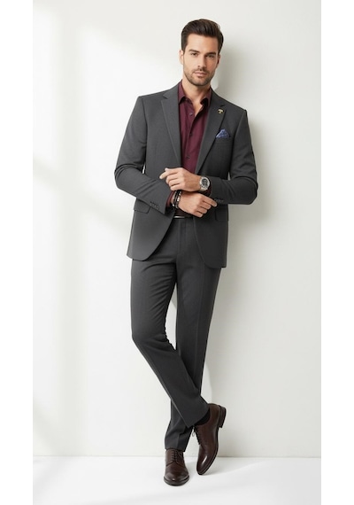 Plus Scorpion Erkek Kendinden Örmeli Çift Düğmeli Blazer Ceket Tek Yırtmaçlı, Modern Klasik Kesim Antrasit
