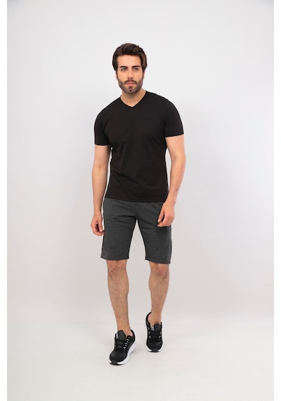 Erkek V Yaka Tshirt Şort Cep Fermuarlı Alt Üst Takım Siyah Füme