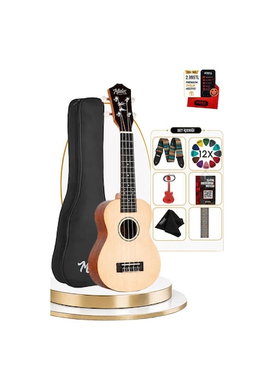 Midex Sp-21nt Kaliteli Natural Soprano Sedef İşlemeli Ukulele Seti