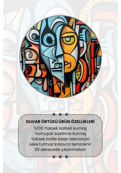 Renkli Yüzler Desenli Duvar Halısı Duvar Örtüsü Tapestry Süet Dokulu Kumaş
