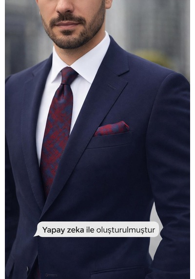 Gaffy Lacivert Desenli Bordo Dokuma Kumaş Mendilli Slim Fit Kravat // Sdk-2601-4 Bordo