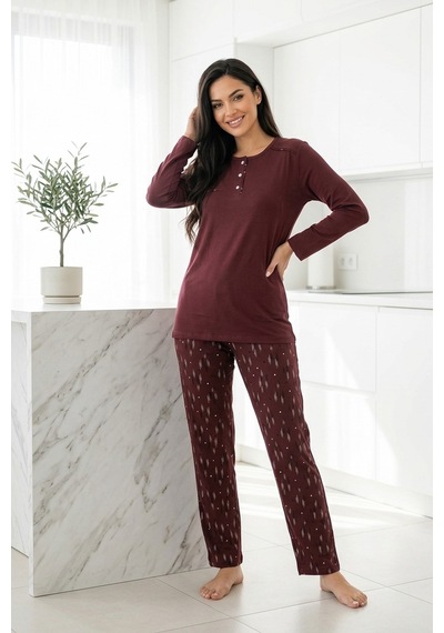Mataş Kadın Pamuklu Uzun Kollu Üç Düğmeli Biyeli Soft Örme Yumuşak Pijama Takımı Bordo