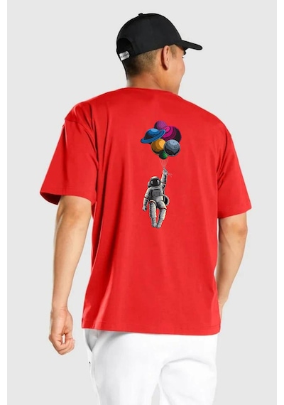 Gezegenler Balon Astronot Yükselişi Kırmızı Oversize Unisex Ön Ve Sırt Baskılı Tişört Kırmızı