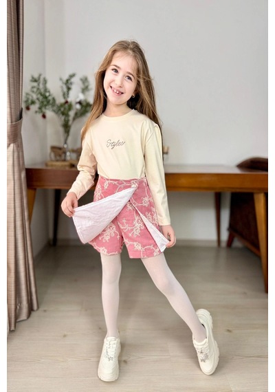 Koçak Kids Brode Desen Şort Etekli Pembe Renk Kız Çocuk Takım