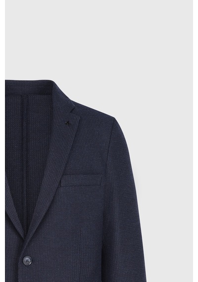 Ac&Co / Altınyıldız Classics Erkek Lacı Yünlü Slim Fit Dar Kesim Mono Yaka Armürlü Torba Cepli Ceket Lacı Lacivert