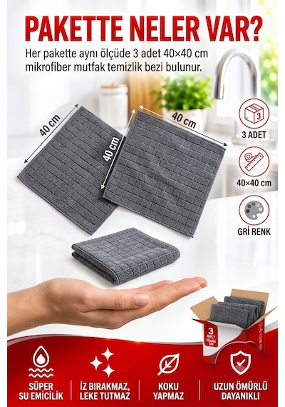 3'lü Mikrofiber Mutfak Temizlik Bezi 40x40 Cm Süper Emici İz Bırakmayan Çok Amaçlı Gri Bez Seti