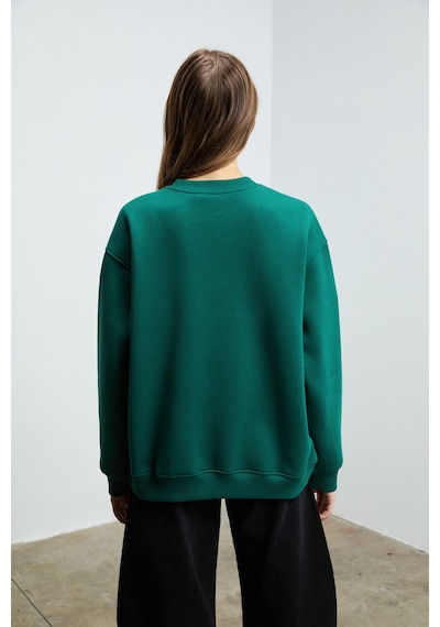 Grımelange KARIUS Kadın Organik Pamuklu İçi Polarlı Oversize Yuvarlak Yakalı Koyu Yeşil Sweatshirt