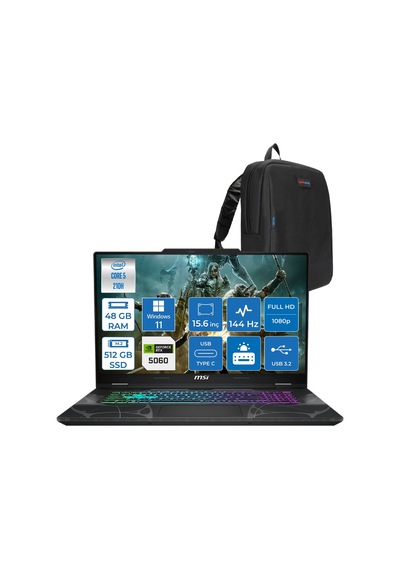 MSI Cyborg 15 B2RWFKG-207XTRH22 Core 5 210H 48 GB 512 GB SSD RTX5060 15.6" W11H Dizüstü Bilgisayar + Çanta