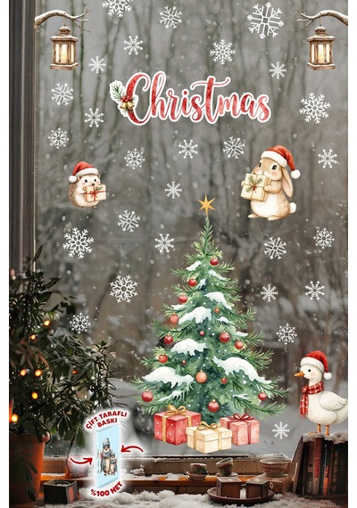 Christmas Yılbaşı Cam Sticker Seti 50 Parça Çift Taraflı Baskı, Suya Dayanıklı, Kar Tanesi Figürler Dijital Baskı