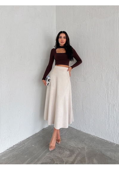 Ozy Fashion Kadın Süet Kloş Etek Bej