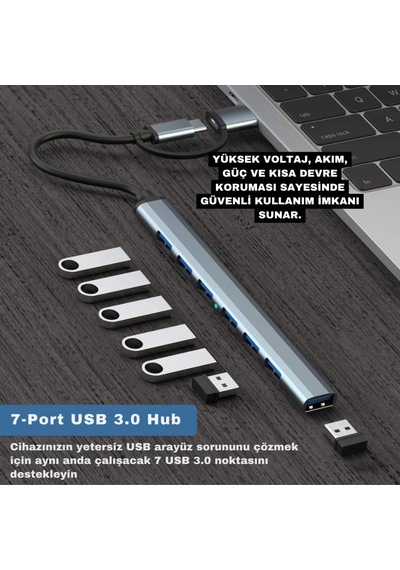 Polham 7in1 Type C/usb To 7x Usb 3.0 Çoğaltıcı Okuyucu Hup Adaptör, Klavye, Mouse, Yazıcı, Usb Okuyucu