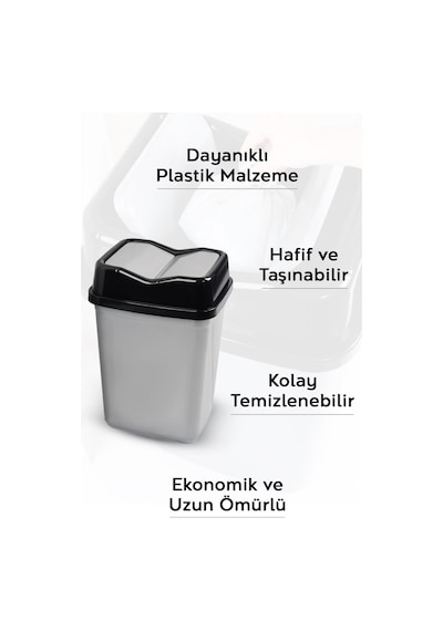 Çift Kapaklı Plastik Çöp Kovası - Ev Ofis Banyo Mutfak Çöp Kovası Gri 10 Litre Gri