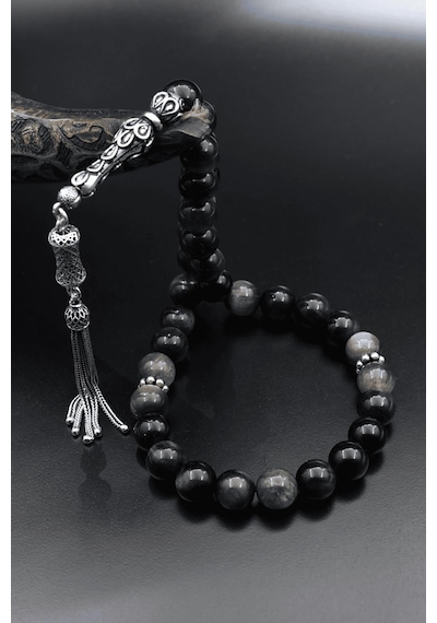 Doğal Obsidyen Taşlı Tesbih 925 Ayar Gümüş Püsküllü 10mm Küre Kesim 902618