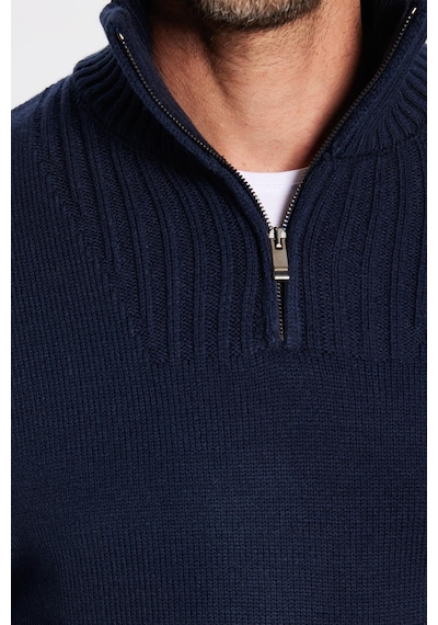 Tudors Erkek Slim Fit Dar Kesim Armürlü Fermuarlı Lacivert Dik Yaka Kazak-31396 Koyu Lacivert