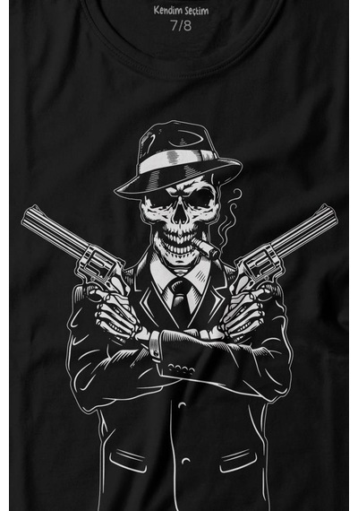 Kendim Seçtim Skeleton Gangster Revolvers Suit Tabanca Baskılı Tişört Çocuk T-shirt 001