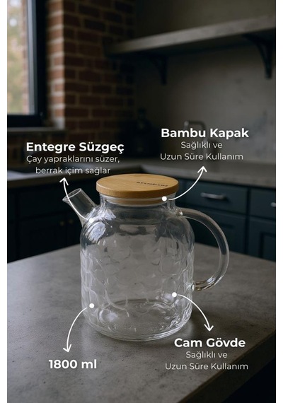 Bambum Juliet - Bambu Kapaklı Cam Demlik 1800ml Şeffaf