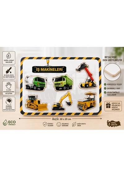 İş Makineleri Ahşap Yapboz Puzzle Oyunu 30x20 Cm Beyaz Mdf Eğitici Çocuk Puzzle
