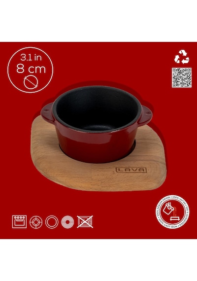 Lava Döküm Yuvarlak Sufle / Sos Kabı Ve Ahşap Altlığı. Çap Ø 8cm.-bordo Bordo - Siyah