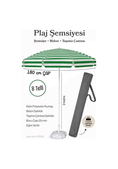 Plaj Şemsiyesi 180 Çap / 8 Telli Yeşil Beyaz + Bidon + Taşıma Çantası Dahil Bej