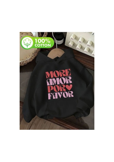 Herkesemoda More Amor Baskı Detaylı İçi Polarlı Kapüşonlu Sweatshirt Siyah