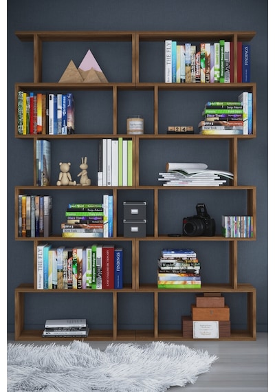 Dekorfim DF07103BR 6 Raflı Çift Modül Zigzag Kitaplık Çalışma Odası Ofis Kitaplık