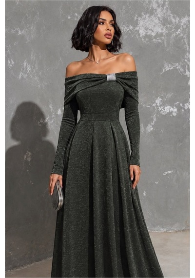 DefyModa Kadın Minimal Krep Kumaş Straplez Taş Detaylı Abiye Elbise Haki