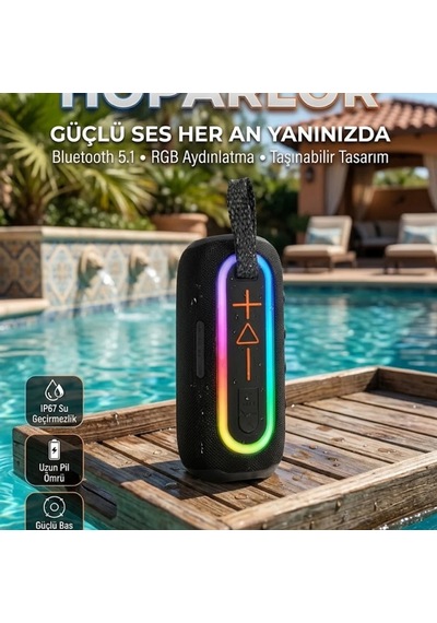 Led Işıklı Kırmızı Bluetooth 5.1 Kablosuz Hoparlör Ip67 Su Geçirmez Uzun Pil Ömürlü