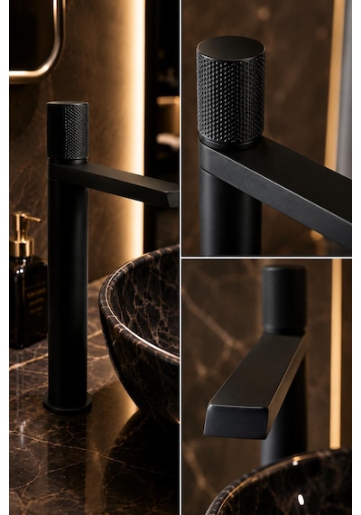 Fontana Fk-9125 Mat Siyah Yüksek Lavabo Bataryası Şık Tasarımlı Siyah Lavabo Bataryası