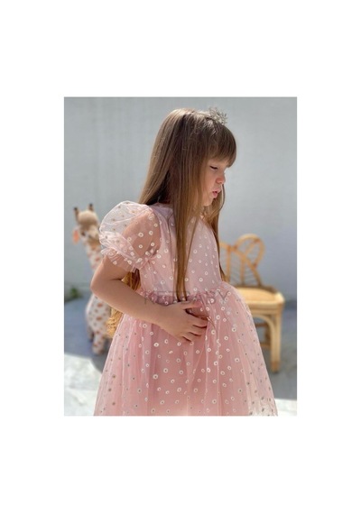 Ketbaby Kız Çocuk Minik Papatya Desenli Kısa Kol Elbise Pudra Pudra