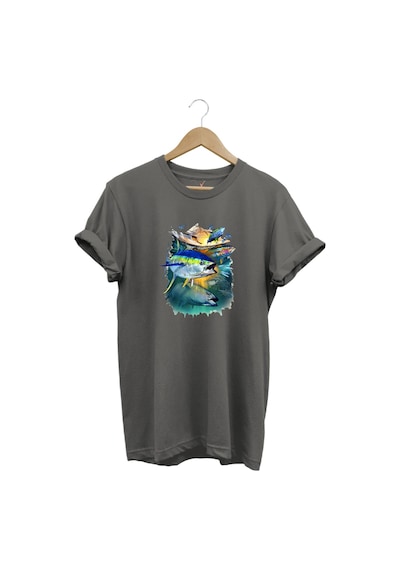 Fishing Balık Baskılı Balıkçılık %100 Pamuk Regular Fit Bisiklet Yaka Gri T-shirt Gri