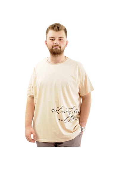 Mode Xl Battal Beden Erkek Pamuklu T-shirt Yumuşak Dokulu Baskılı Belıef U24085 Bej Bej