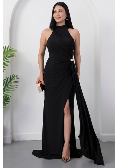 Kalopya Halter Yaka Drapeli Tokalı Abiye Elbise Ecr5862 Siyah