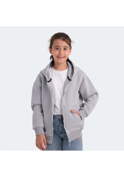 Slazenger LEKAN Çocuk Fermuarlı Kapüşonlu Cepli Taş Gri Sweatshirt