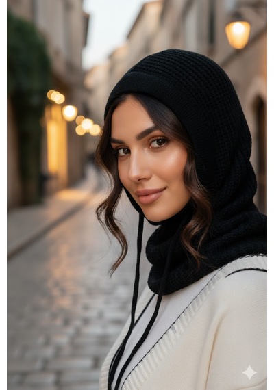 Sosyal Çarşı Siyah Balaclava Triko Başlık Siyah