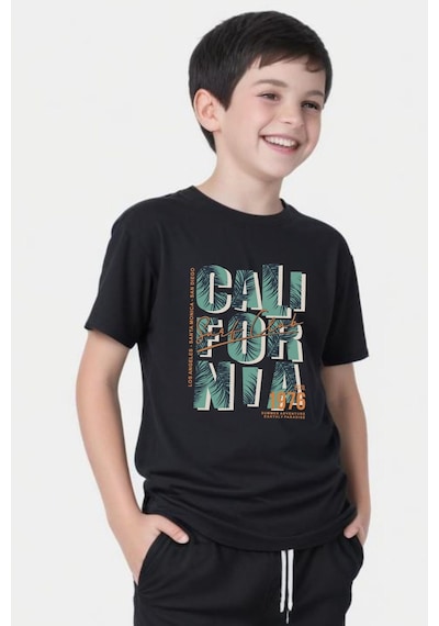 Panios Kids 1976 Cali Baskılı Erkek Çocuk Yuvarlak Yaka Kısa Kollu T-shirt Siyah