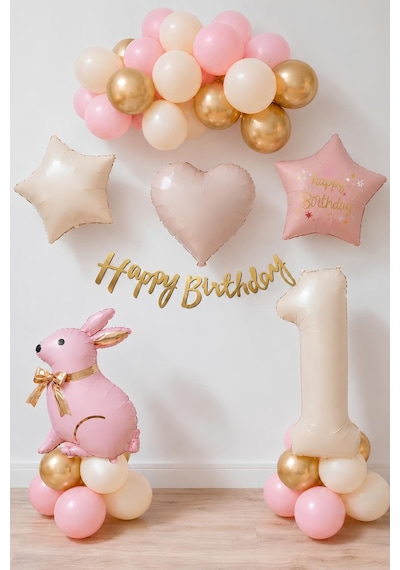 Pembe Tavşanlı 1 Yaş Doğum Günü Balon Seti