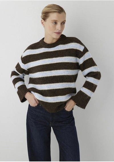 Uzun Kollu Kazak Chambray Blue Stripe Mavi