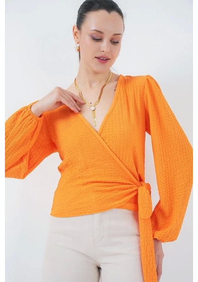 Defymoda 0441 Anvelop Örme Bluz - Turuncu Turuncu