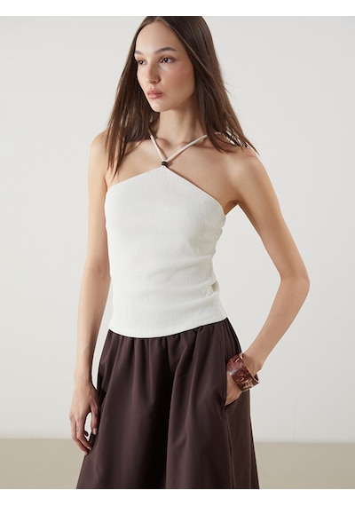 Lcw Vision Ekru Halter Yaka Dokulu İp Askılı Bluz