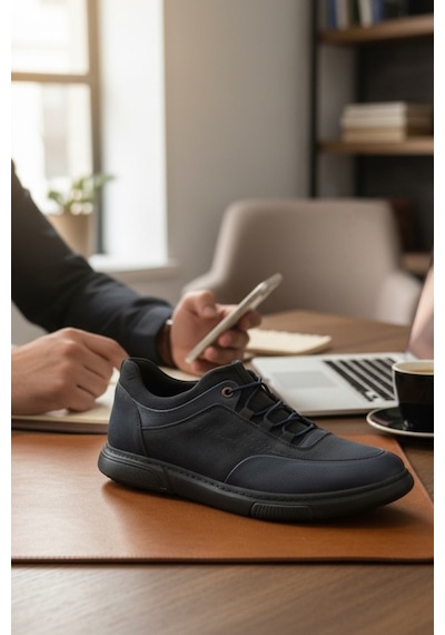 Enoch Hakiki Deri Lacivert Karma Dokulu Erkek Sneaker Ayakkabı Ortopedik Taban Lacivert