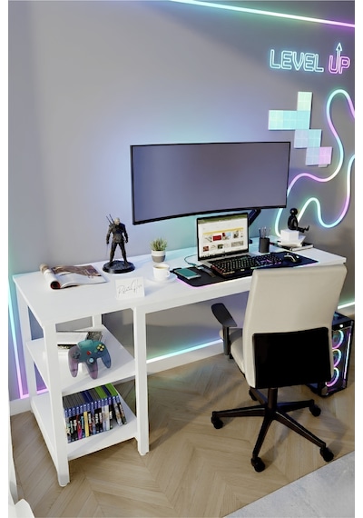 Reflekta Raflı Oyuncu Masası 60x160 Cm. Gaming Masa Demonte Beyaz-beyaz