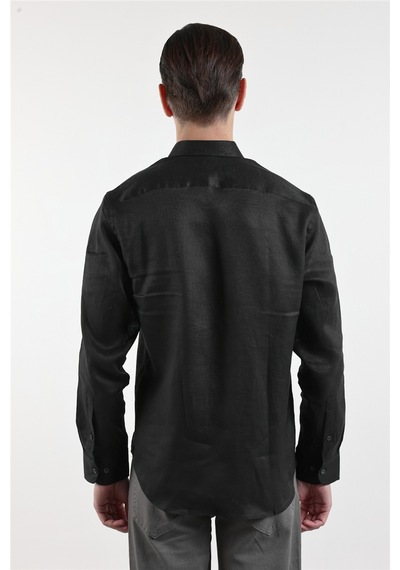 İmza Siyah Keten Düğmeli Yaka Uzun Kol Cepsiz Slim Fit Keten Gömlek 1004260161 XL