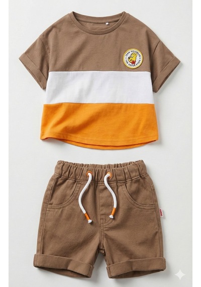 Haribo Lisanslı Renk Bloklu Çocuk T-shirt Şort Takım Mocha