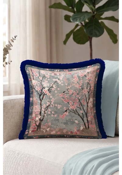 Sakura Çiçek Bahçesi Saçaklı Yastık Kılıfı - Uzakdoğu Gri Pembe Lacivert Püsküllü Kırlent Kılıfı Sessiz Vadi Saten Sakura Çiçek Bahçesi Saçaklı Yastık Kılıfı - Uzakdoğu Gri Pembe Lacivert Püsküllü Kırlent Kılıfı Sessiz Vadi Saten